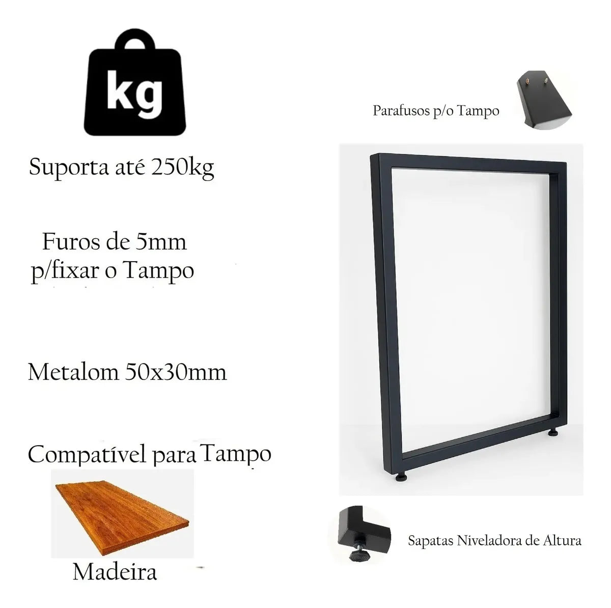 Pé de Mesa Industrial Retangular 75x60 cm em Metalon 50x30mm – Kit 2 Peças