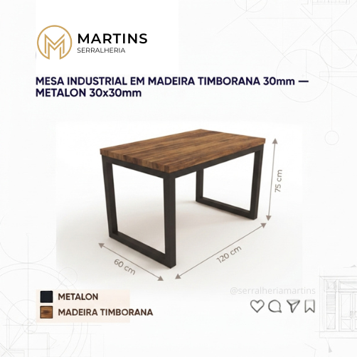 Mesa Industrial em Madeira Timborana – 120x60cm | Design Sofisticado e Estrutura de Aço