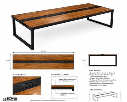 Mesa de Reunião Industrial Madeira Maciça 240x100cm com Passa-Fio 8 Lugares