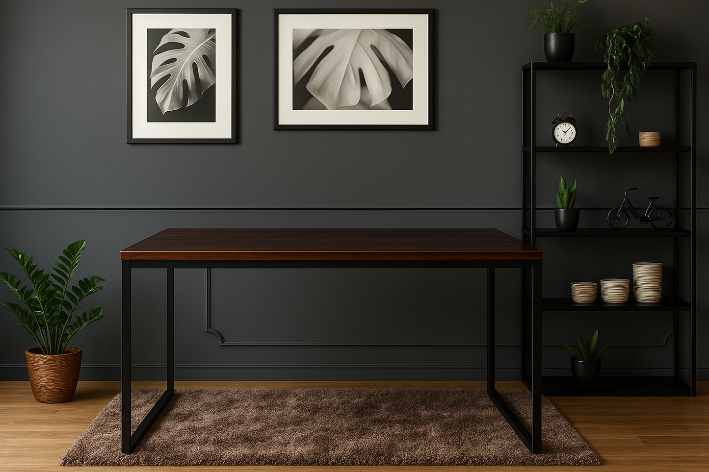 Mesa Industrial em Madeira Pinus 150x60cm | Mesa Grande em Aço Preto Fosco