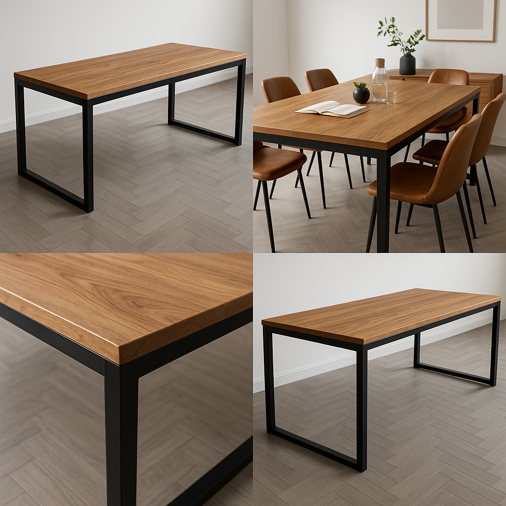 Mesa Industrial em Madeira Pinus 150x60cm | Mesa Grande em Aço Preto Fosco