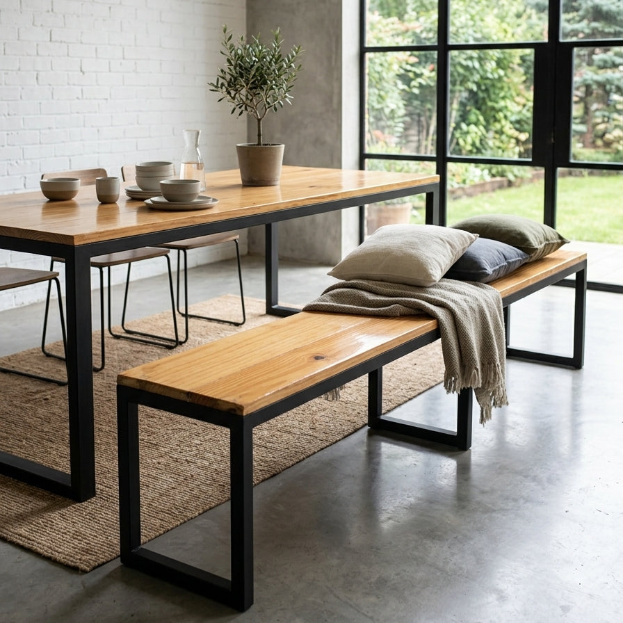 Banco Industrial Longo 190x30cm em Aço e Madeira Pinus