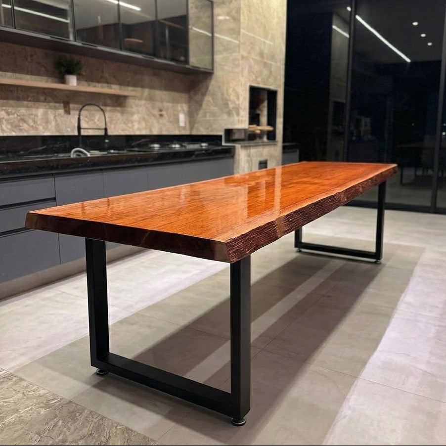 Mesa Jantar Jatobá Maciça 300x90cm Resina Epóxi Industrial 8 Lugares