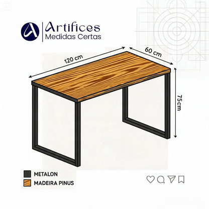 Mesa Industrial em Pinus 120x60cm – Aço Reforçado